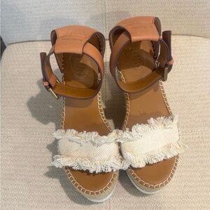 See By Chloe Cream and Tan Wedge Sandals